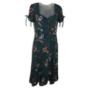 Y2K Juniors Floral Print Dress Fit & Flare Tie Sleeves Size 5 Green‎